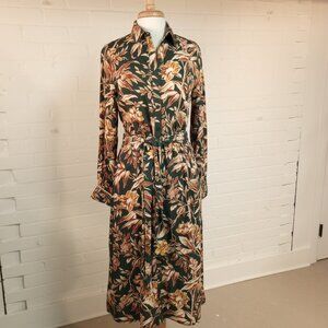 H&M Cottagecore Boho Floral Leaf Print Belted Viscose Maxi Dress